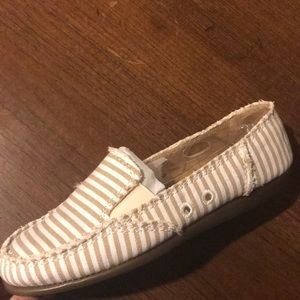 Tan Striped Slip On Flats